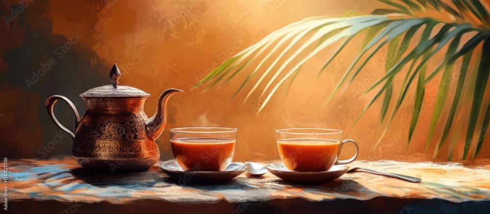 Warm copper tones highlight a Saudi-style setup featuring two cups of Arabic coffee, a traditional pot, and a palm leaf backdrop. Warm copper tones highlight a Saudi-style setup featuring two cups of Arabic coffee, a traditional pot, and a palm leaf backdrop.