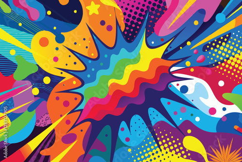 abstract background in pop art style with bright colors, hand-drawn brush details, and a graffiti spray paint effect