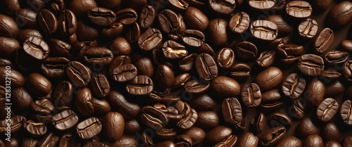 Close-up of dark roasted coffee beans scattered on a surface showcasing their texture and rich color