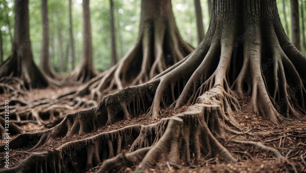 Detailed view of large tree roots in a forest creating a natural landscape with a focus on texture and earthy tones Detailed view of large tree roots in a forest creating a natural landscape with a focus on texture and earthy tones