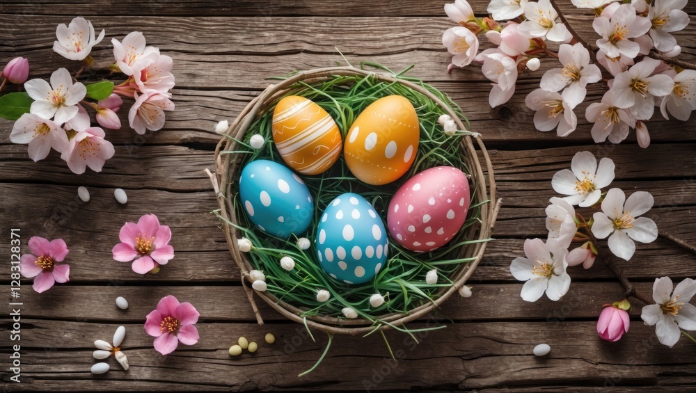 Easter eggs surrounded by delicate spring blossoms on a rustic wooden background celebrating the vibrancy of the holiday season. Easter eggs surrounded by delicate spring blossoms on a rustic wooden background celebrating the vibrancy of the holiday season.