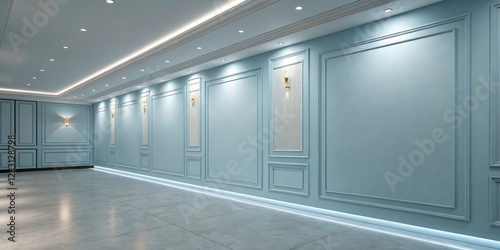 Blue Panelled Hallway Interior Design 3D Render  Luxury Concept  Wall Decor Interior Design  3D Rendering