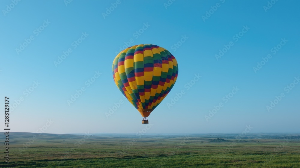 Naklejka premium Colorful hot air balloon over a grassy plain
