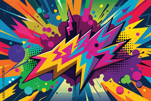 Vibrant pop art background with abstract spray paint effect, colorful camouflage brush strokes, and dynamic hand drawn patterns