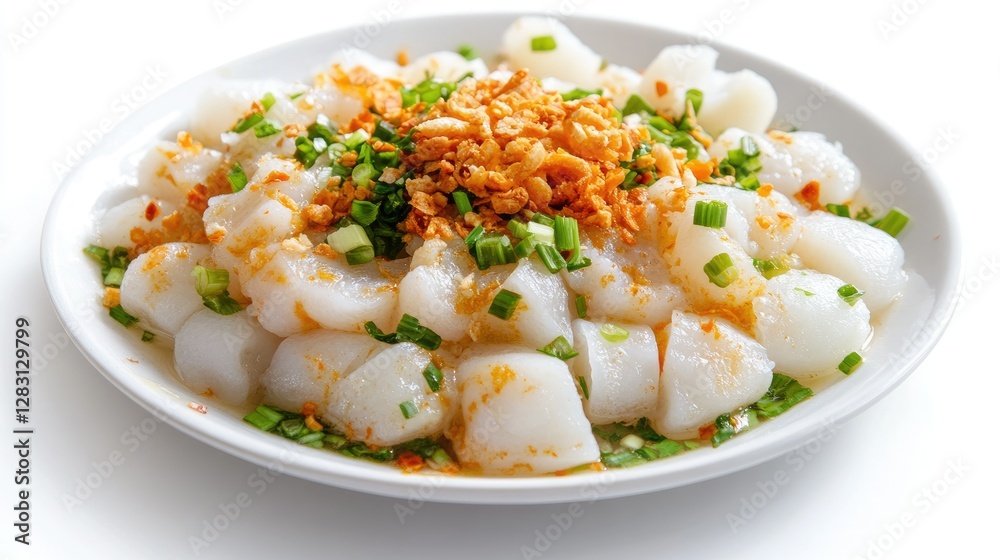 Thai Kanom Krok with toppings like green onions and taro, neatly arranged and isolated on a bright white background. Thai Kanom Krok with toppings like green onions and taro, neatly arranged and isolated on a bright white background.