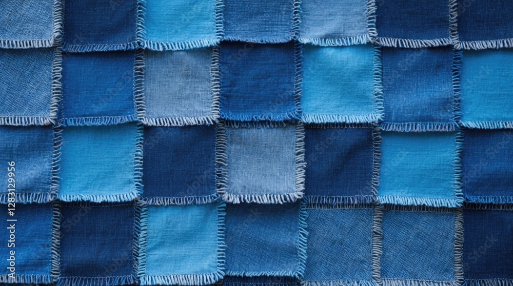 Fototapeta premium Texture of alternating blue fabric patches in varying shades creating a visually appealing textile background for design projects.