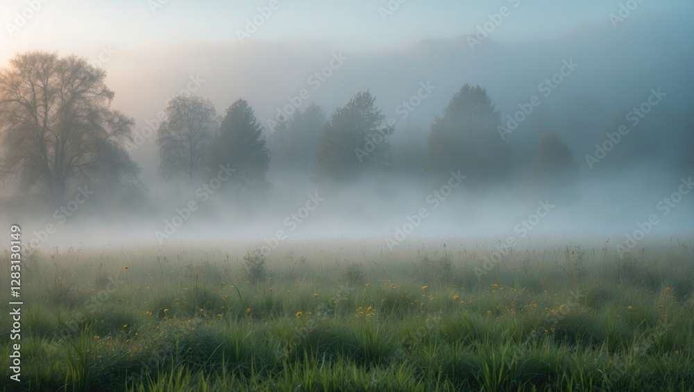 Fototapeta Misty Morning Landscape with Lush Green Meadow and Silhouette of Trees