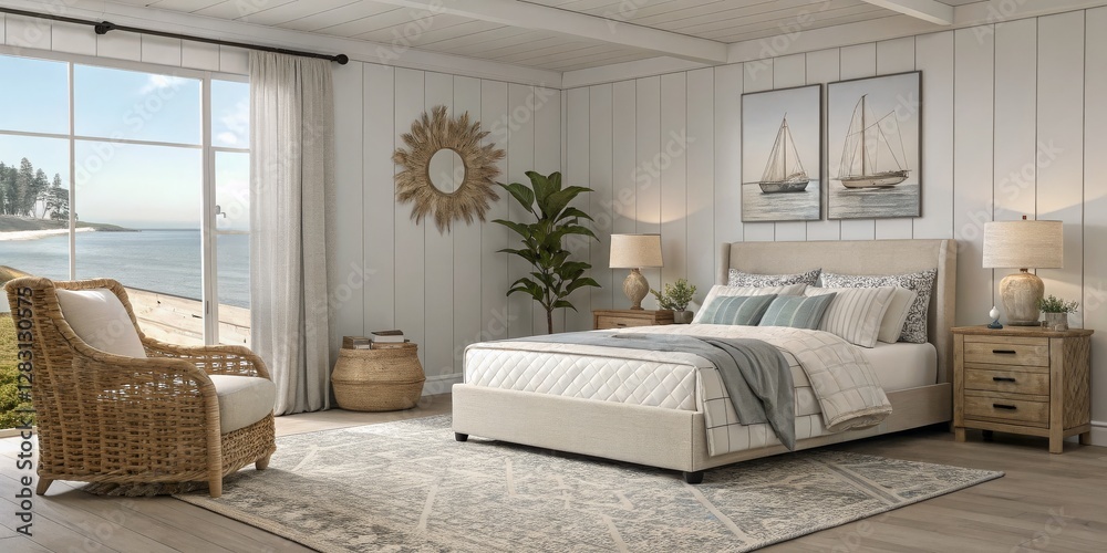 Fototapeta premium Coastal Bedroom Design Beige Upholstered Bed, Ocean View, Natural Textures, Farmhouse Style, Bedroom Decor Coastal Decor, Bedroom Design