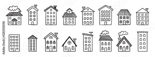 House building with roof doodle hand drawn icon set. Outline drawing house building with roof line clipart symbol collection