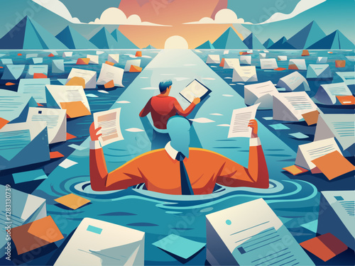 Navigating the Sea of Paperwork: Businessmen Struggling to Stay Afloat with Documents in Vast Ocean at Sunset