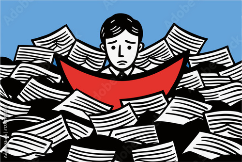 Overwhelmed Businessman Struggling with Paperwork in a Sea of Documents - Stress and Workload Conceptual Illustration