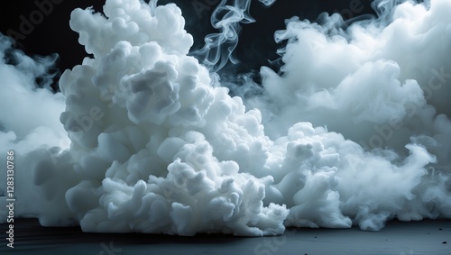 White smoke clouds forming abstract shapes on a dark background with soft lighting and texture details in a dramatic composition photo