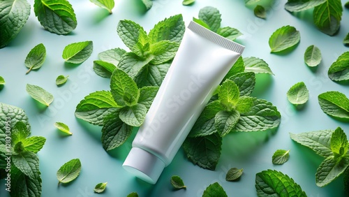 Sleek Toothpaste Tube with Mint Burst and Floating Leaves
