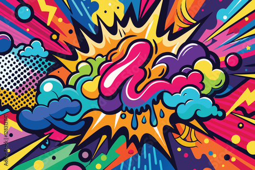 Abstract vector background featuring a bold pop art style with hand-drawn brush strokes, spray paint textures, and a vibrant camouflage