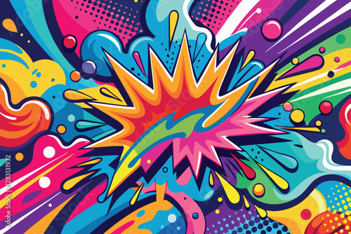 abstract vector background with a fusion of pop art patterns, colorful spray paint effects, and expressive brush strokes,