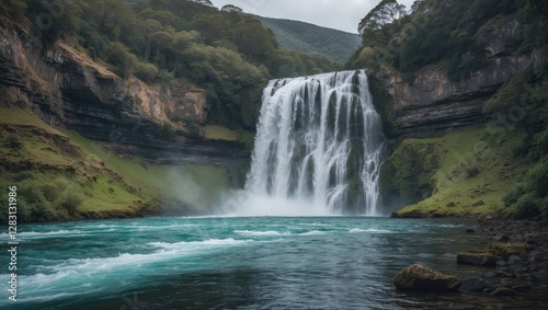 Majestic Fossa Waterfall Cascading Amidst Lush Green Landscape With Clear Copy Space For Text In Scenic Natural Environment