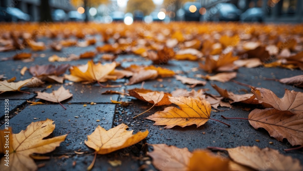 Autumn leaves covering the ground in a city setting vibrant with seasonal colors and soft bokeh in the background highlighting the mood. Autumn leaves covering the ground in a city setting vibrant with seasonal colors and soft bokeh in the background highlighting the mood.