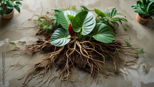 Top view of intricate roots and vibrant foliage of Anthurium plowmanii showcasing nature's beauty and organic pattern aesthetics photo