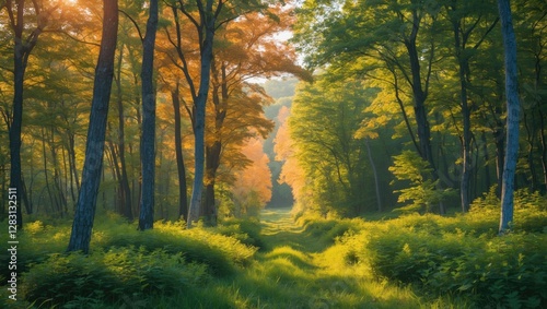 Lush summer forest landscape with vibrant foliage and sunlight streaming through trees creating a serene natural pathway photo