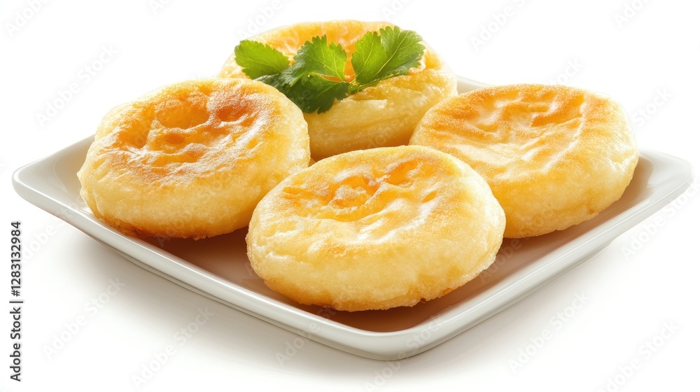 Traditional Kanom Krok, Thai coconut pancakes, crispy and creamy, placed on a ceramic dish, isolated on a white background. Traditional Kanom Krok, Thai coconut pancakes, crispy and creamy, placed on a ceramic dish, isolated on a white background.