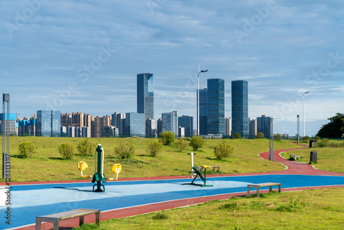 Photography city park with modern building background in shanghai