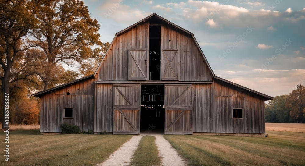 Rustic wooden barn exterior surrounded by trees and fields in Illinois under a colorful sky during sunset. Rustic wooden barn exterior surrounded by trees and fields in Illinois under a colorful sky during sunset.