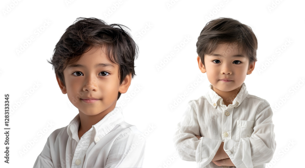 Portrait of adorable asian boy posing on white backgr Portrait of adorable asian boy posing on white backgr