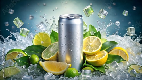 Sleek Aluminum Soda Can with Lemon-Lime Splashes on Ice