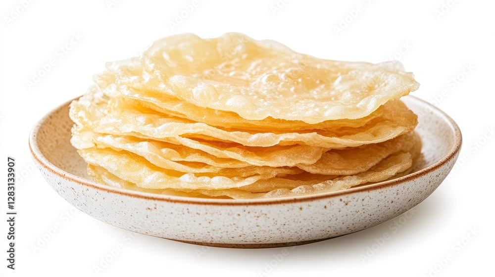 Traditional Thai Kanom Krok, crispy coconut pancakes stacked in a white plate, isolated on a clean white background. Traditional Thai Kanom Krok, crispy coconut pancakes stacked in a white plate, isolated on a clean white background.
