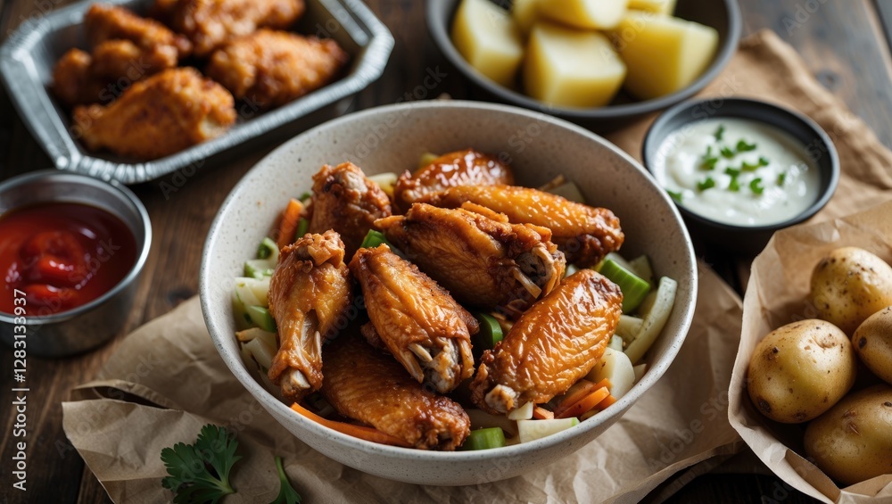 Delicious Chicken Wings and Potatoes in a Bowl Surrounded by Fresh Ingredients with Space for Text on a Rustic Wooden Table Delicious Chicken Wings and Potatoes in a Bowl Surrounded by Fresh Ingredients with Space for Text on a Rustic Wooden Table