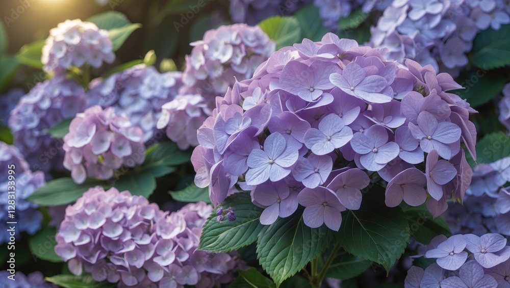 Blooming pale purple hydrangeas surrounded by lush green foliage in soft natural light showcasing their delicate beauty and vibrant colors. Blooming pale purple hydrangeas surrounded by lush green foliage in soft natural light showcasing their delicate beauty and vibrant colors.
