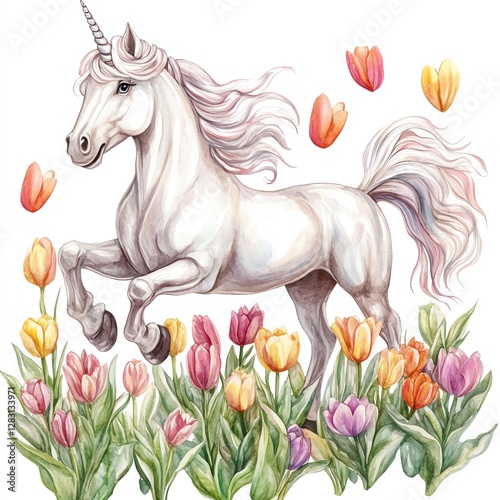 A whimsical unicorn prancing among vibrant tulips in a colorful garden setting.
