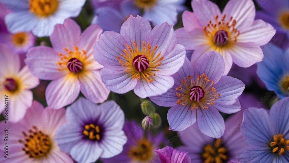 Vibrant macro view of delicate purple and pink flowers showcasing intricate details and rich colors for nature and floral design themes. Vibrant macro view of delicate purple and pink flowers showcasing intricate details and rich colors for nature and floral design themes.