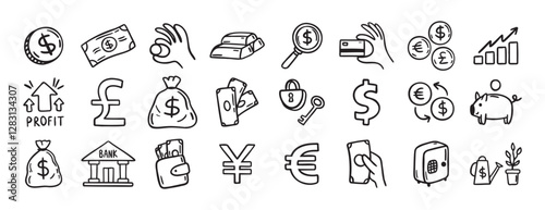 Money, finance and currency doodle set. doodle hand drawn icon set. Outline drawing dollar Banknotes, coins, money bag line clipart symbol collection