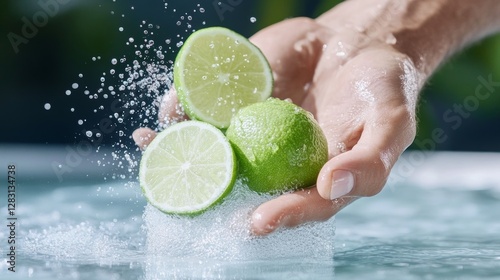 Hand squeezing fresh lime into a fizzy cocktail, bubbles reacting instantly photo