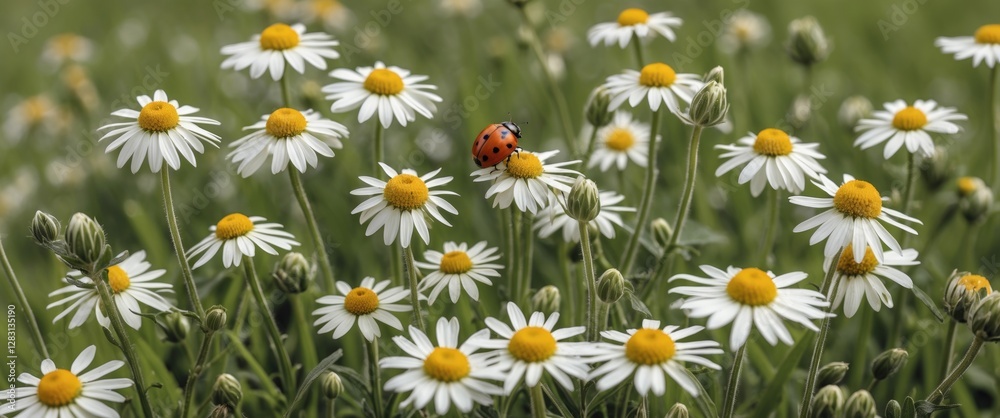 Chamomile Flowers and Ladybug in a Meadow with Copy Space for Text for Nature and Spring Themes Chamomile Flowers and Ladybug in a Meadow with Copy Space for Text for Nature and Spring Themes