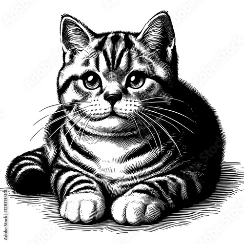 Line art drawing of American Shorthair cat's ink sketch kitten vector hand drawn illustration background