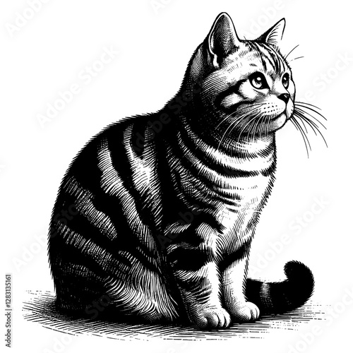 Line art drawing of American Shorthair cat's ink sketch kitten vector hand drawn illustration background