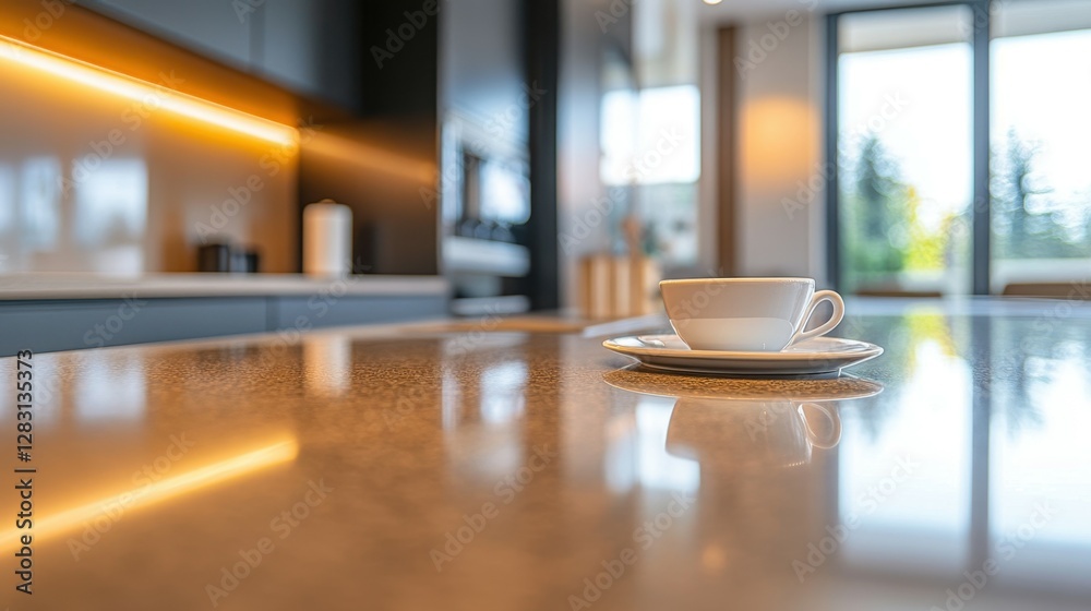 Kitchen island countertop with coffee set, modern kitchen background Kitchen island countertop with coffee set, modern kitchen background