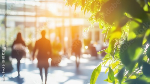 Blurred background of people walking in a modern office building with green trees and sunlight , eco friendly and ecological responsible business concept
