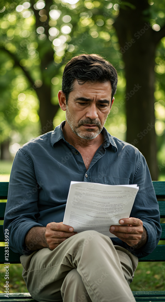 Middle aged man with tired eyes holding and reading a document outdoors, conveying a sense of concern and contemplation. Middle aged man with tired eyes holding and reading a document outdoors, conveying a sense of concern and contemplation.
