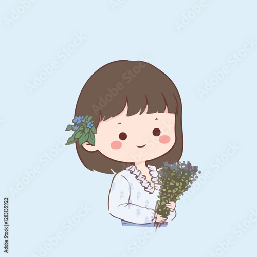 Cute cartoon avatar illustration of a young girl with short hair and rosy cheeks, smiling sweetly against a pastel background.
