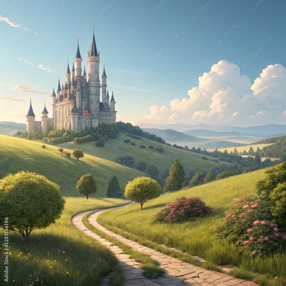 Naklejka premium Fairytale Castle on Hilltop Digital Painting, Winding Path, Lush Landscape, Sunrise, Fantasy Art, Castle Illustration Fantasy Art, Digital Painting