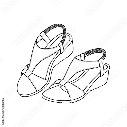Technical sketch drawing of women's low wedges heels, platform sandals ankle strap open-toe shoes line art. Side view. Flat sketch vector outline vector doodle illustration.