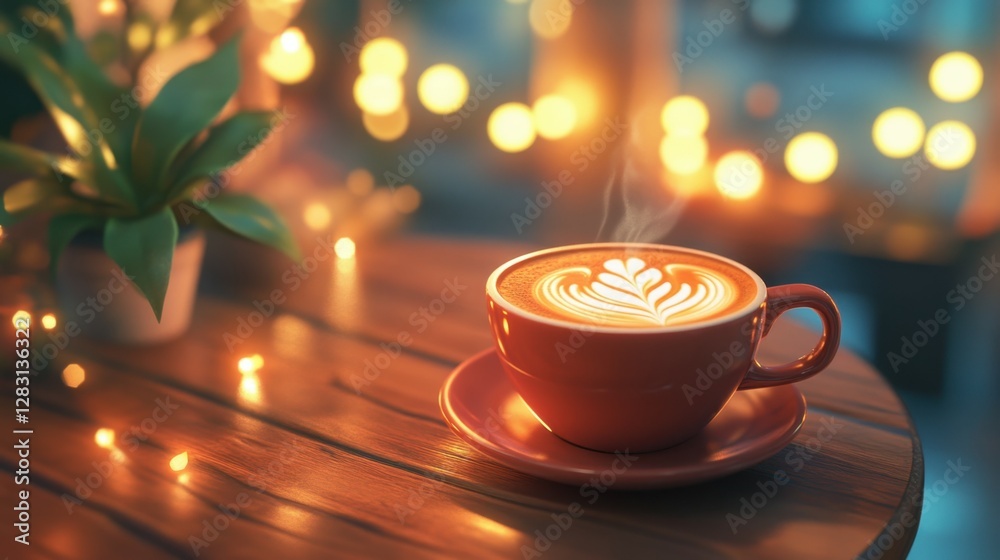 Obraz premium Warm coffee cup with latte art on wooden table in cozy cafe setting