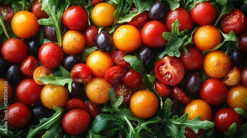 Wallpaper Mural Colorful tomatoes and olives surrounded by fresh greens on a dark background. Generative AI Torontodigital.ca