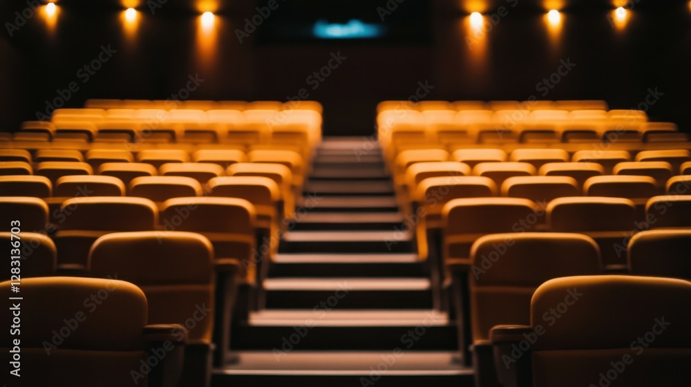 Fototapeta premium A dimly lit auditorium with stairs and seating, creating an atmosphere for performances or events.