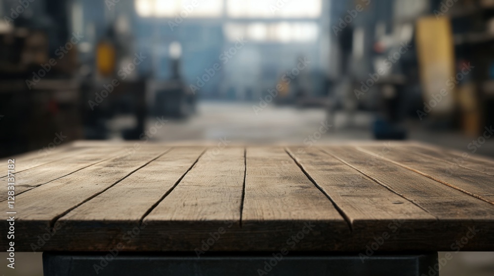 A detailed view of a vacant wooden table, set against a blurred backdrop of an industrial workshop factory. A detailed view of a vacant wooden table, set against a blurred backdrop of an industrial workshop factory.