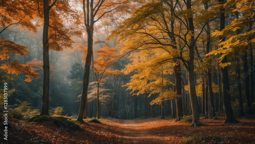 Obraz premium Autumn forest landscape showcasing vibrant foliage, tranquil pathways, and the serene beauty of nature's seasonal transformation.