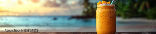 Tropical Smoothie on a Beach with Mango and Coconut Topping. Generative AI photo